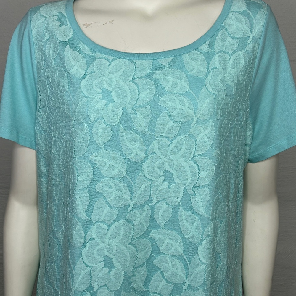 Lane Bryant Top 18/20 Aqua Blue Short Sleeve w/ Floral Lace Coastal - Picture 12 of 15